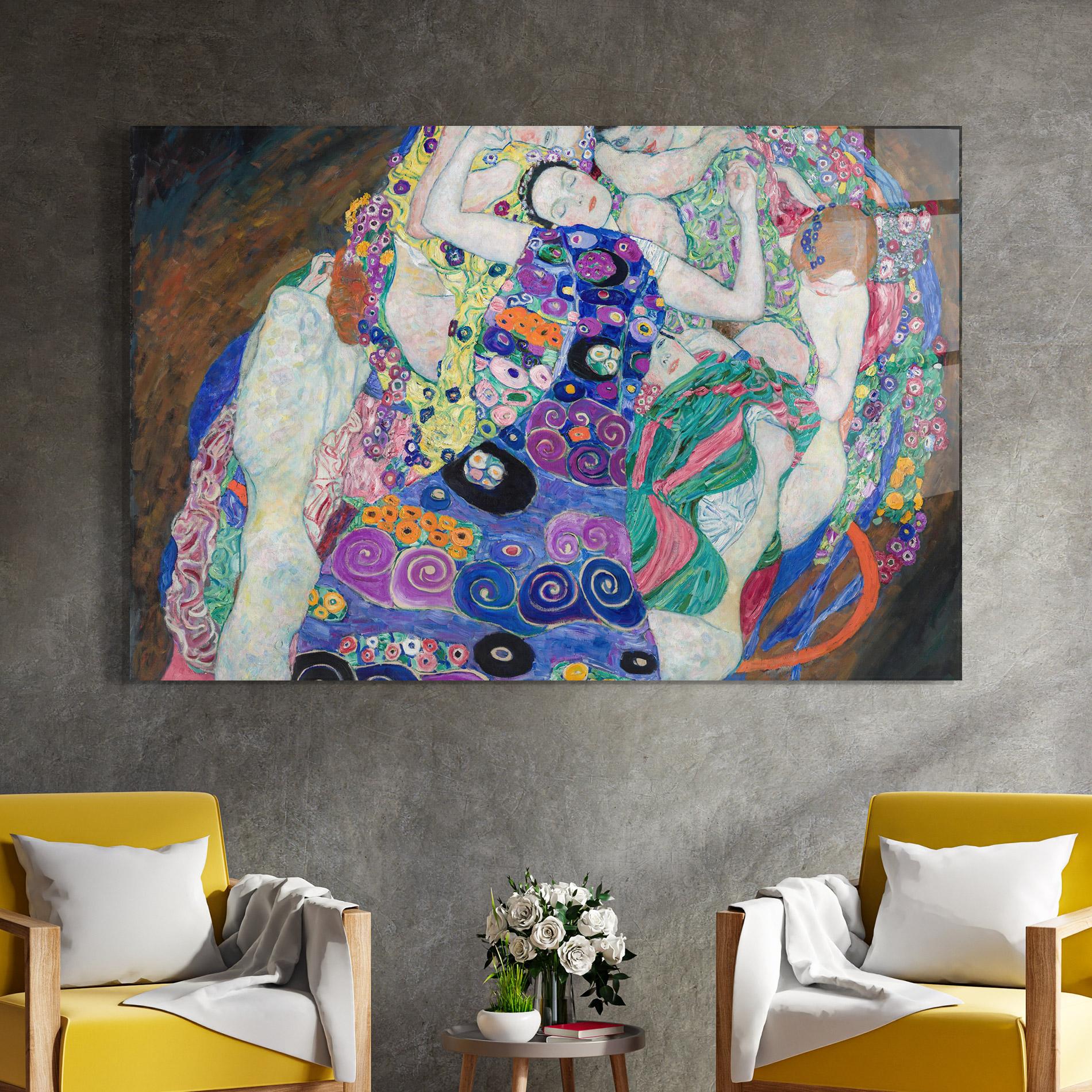 Glasbild Klimt Die Jungfrau mockup 4