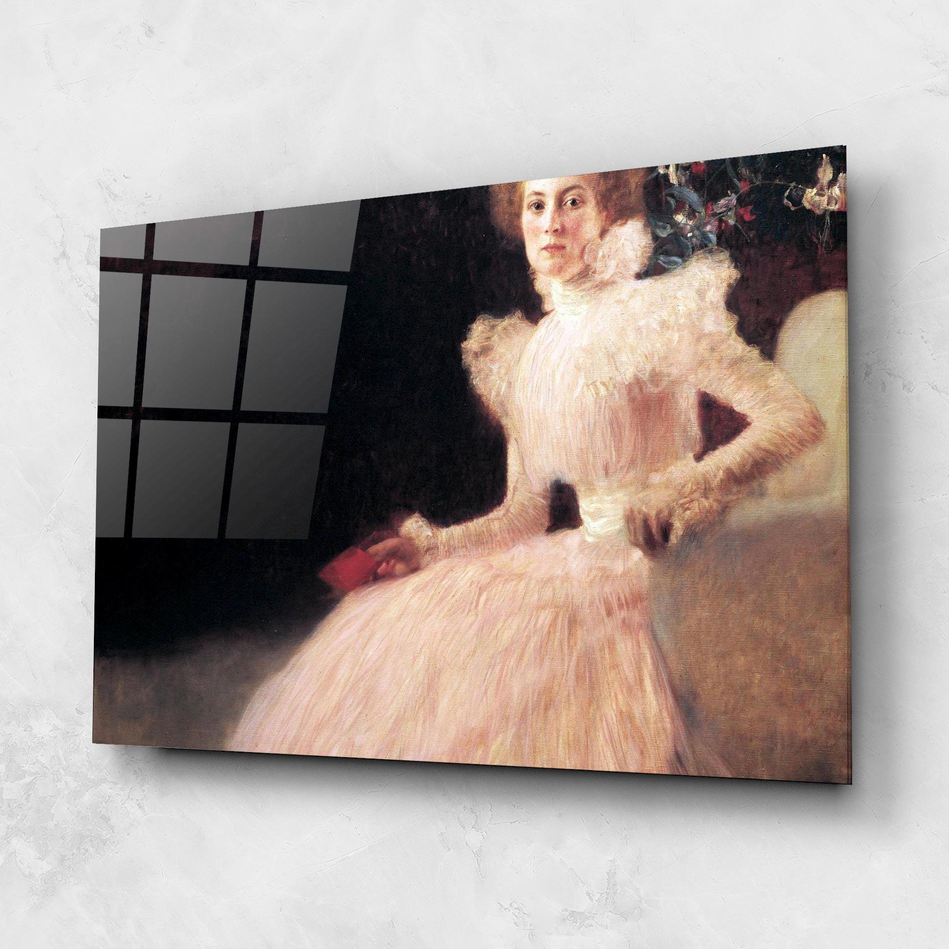 Glasbild Gustav Klimt Pink Dress mockup 1
