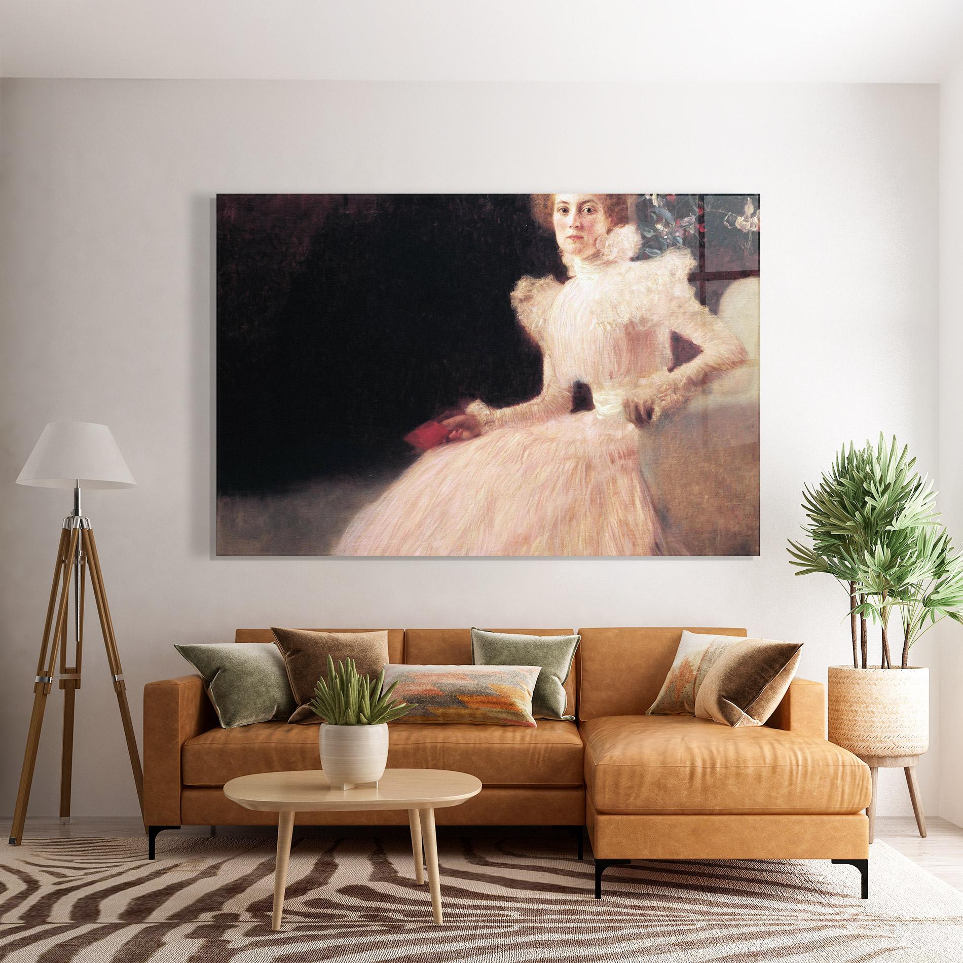 Glasbild Gustav Klimt Pink Dress mockup 7