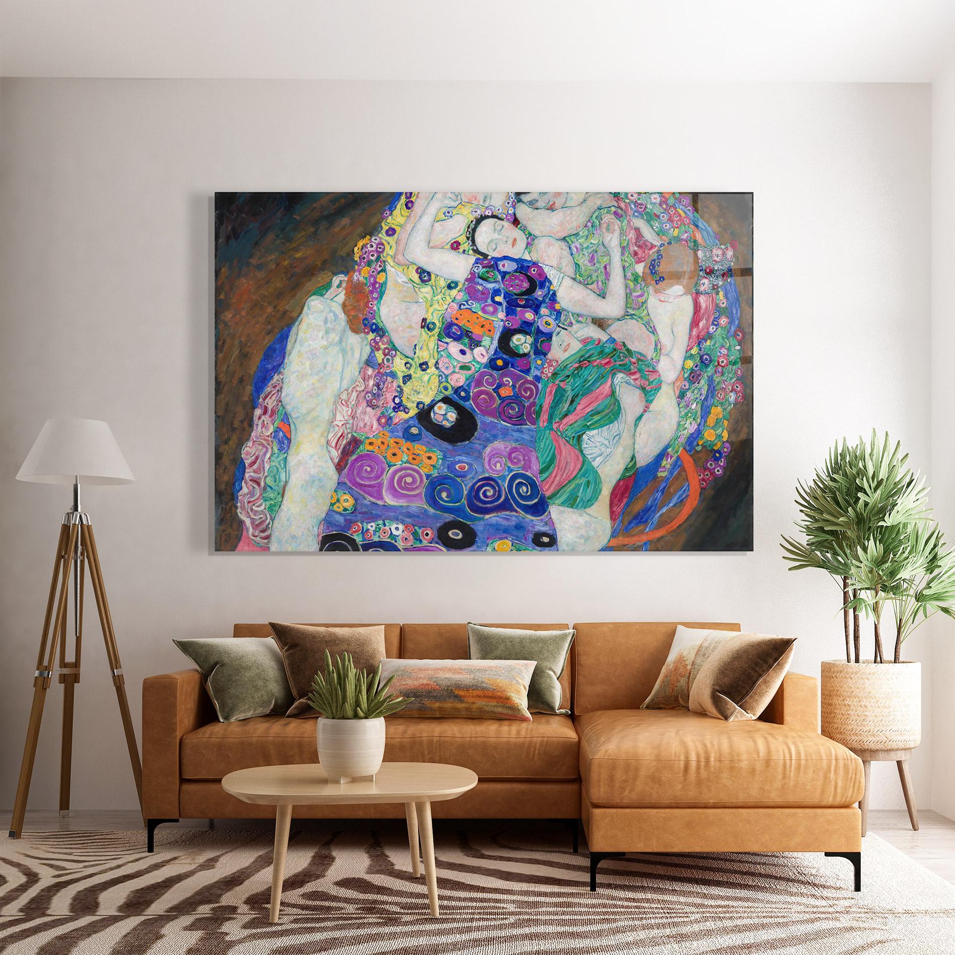 Glasbild Klimt Die Jungfrau mockup 7