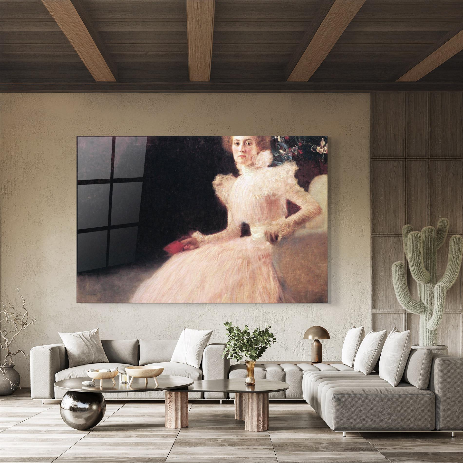 Glasbild Gustav Klimt Pink Dress mockup 8