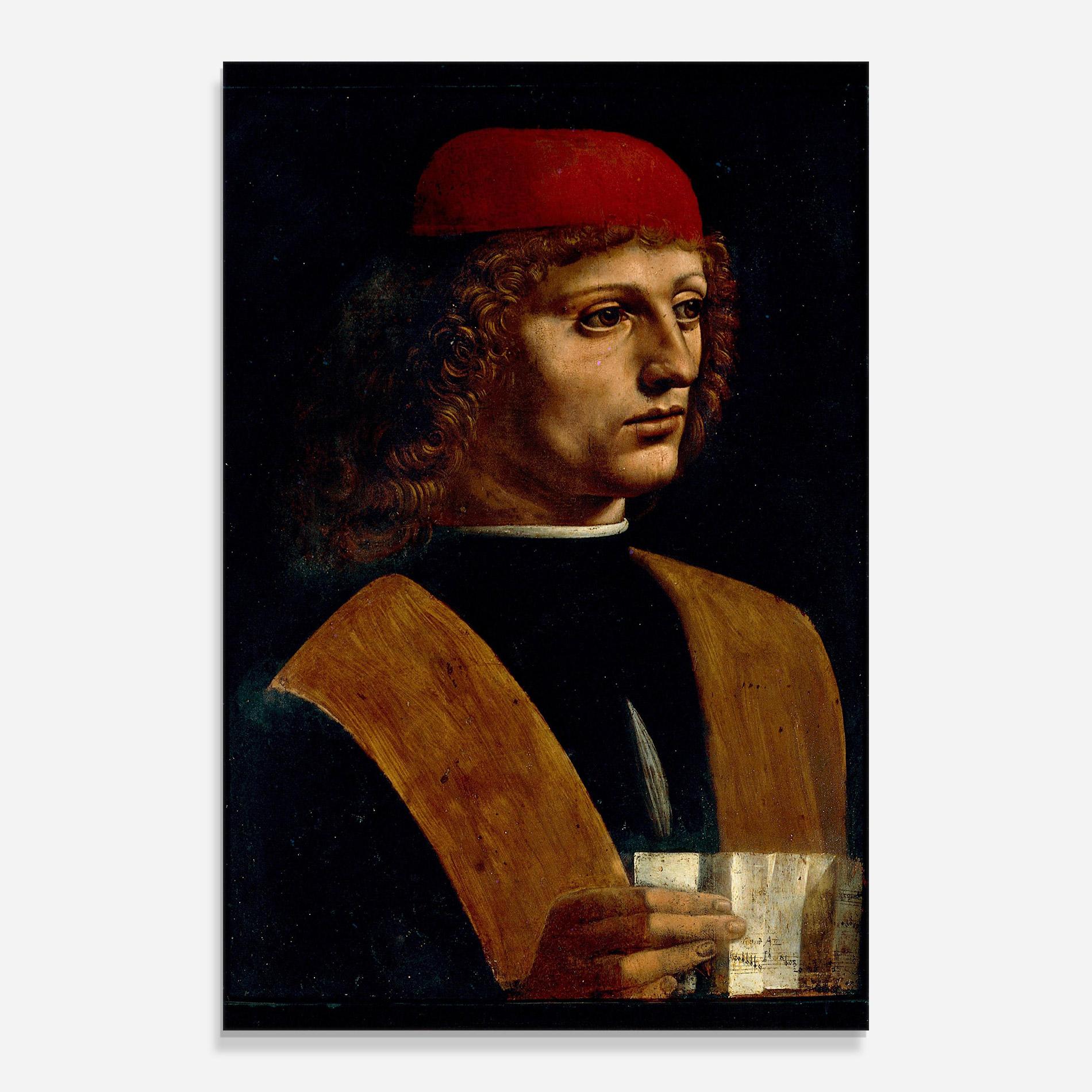 Glasbild Leonardo Da Vinci Portrait Of A Musician Pinacoteca Ambrosiana mockup 0