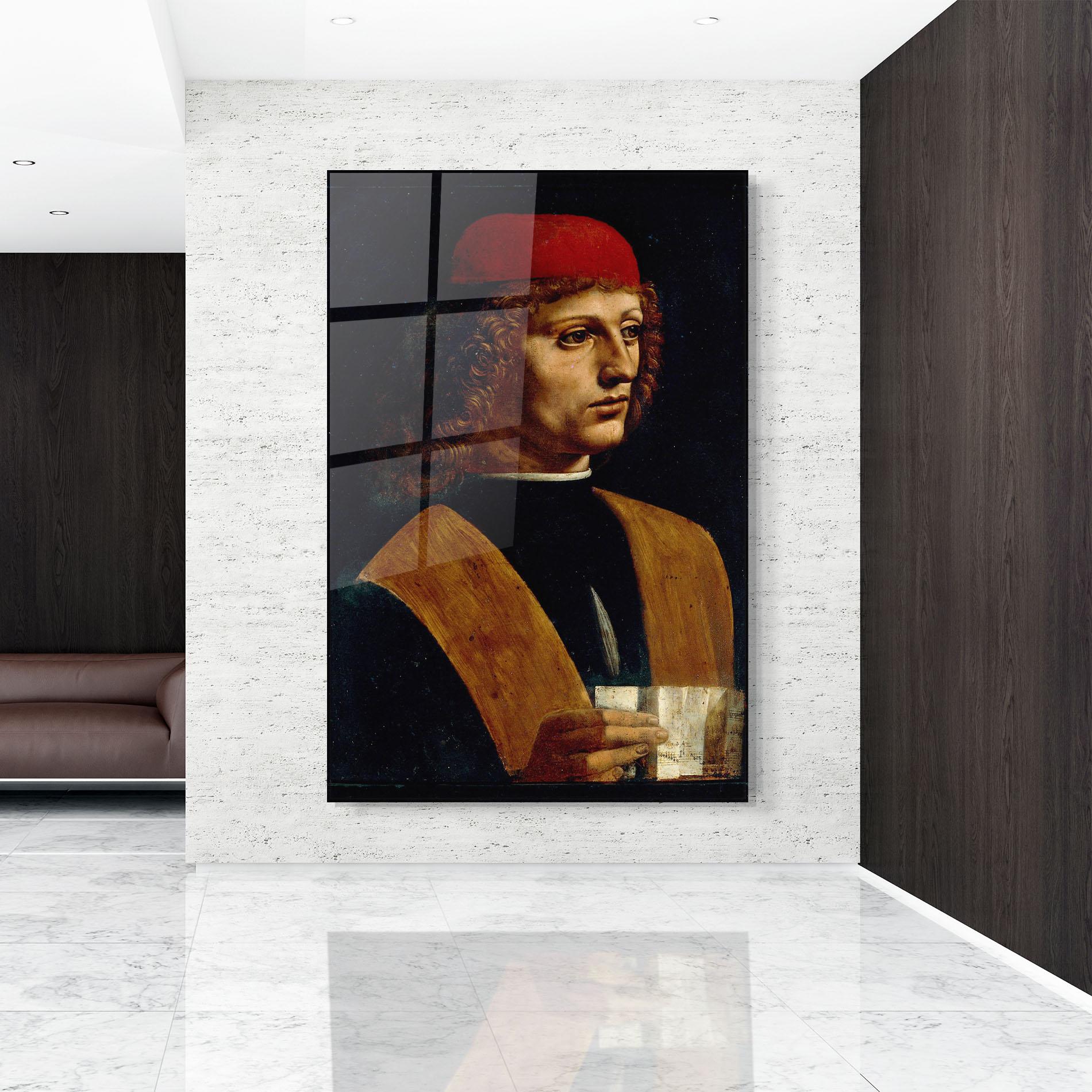 Glasbild Leonardo Da Vinci Portrait Of A Musician Pinacoteca Ambrosiana mockup 9