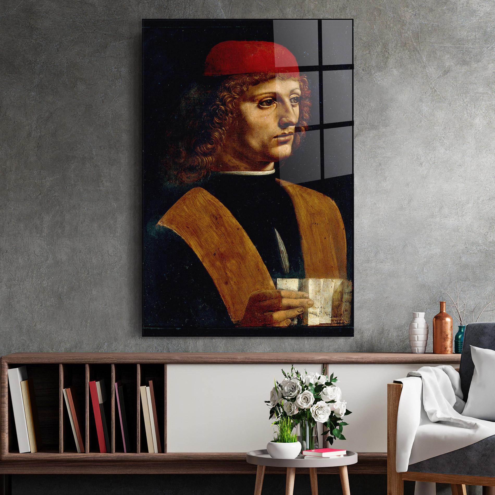 Glasbild Leonardo Da Vinci Portrait Of A Musician Pinacoteca Ambrosiana mockup 2