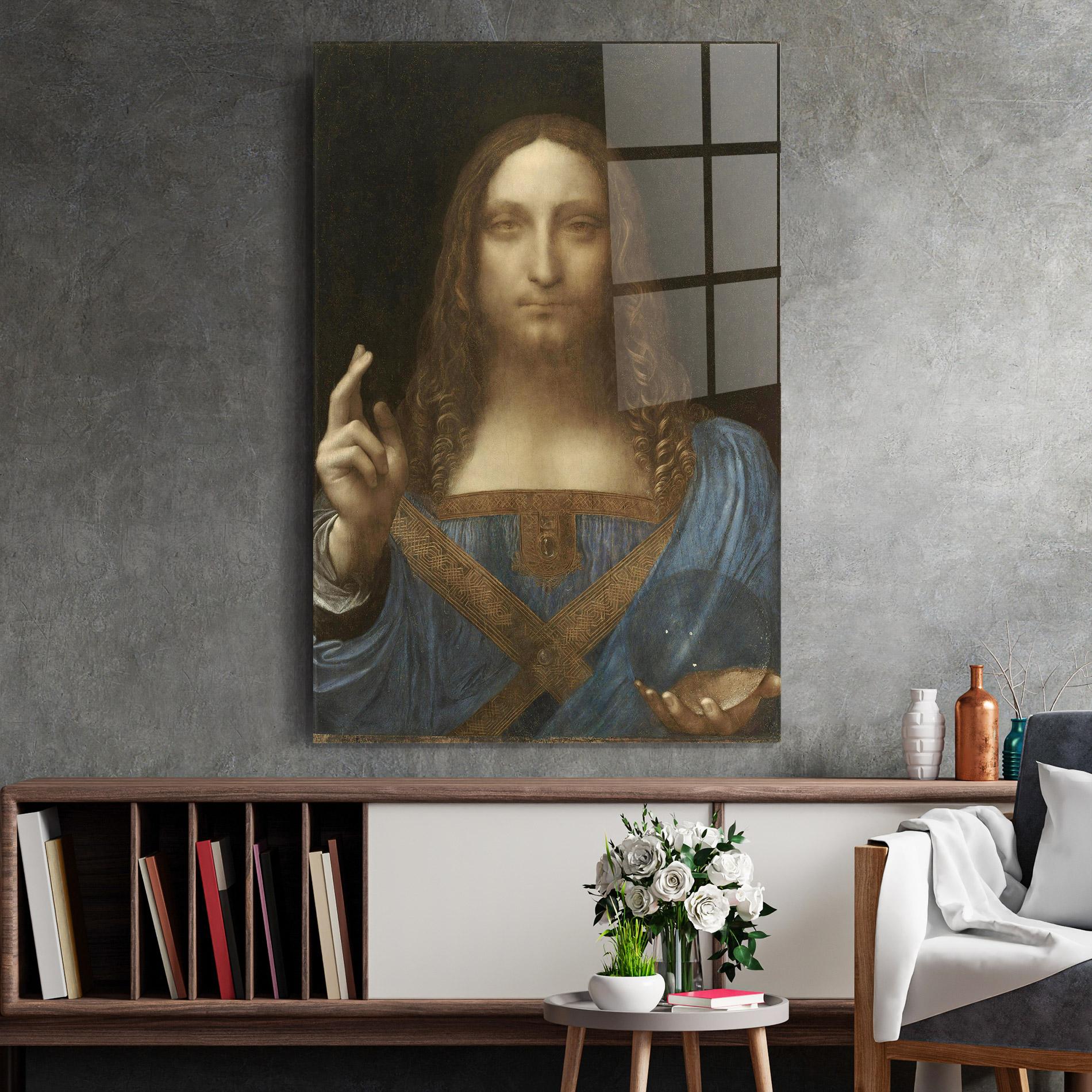 Glasbild Leonardo Da Vinci Salvator Mundi mockup 2