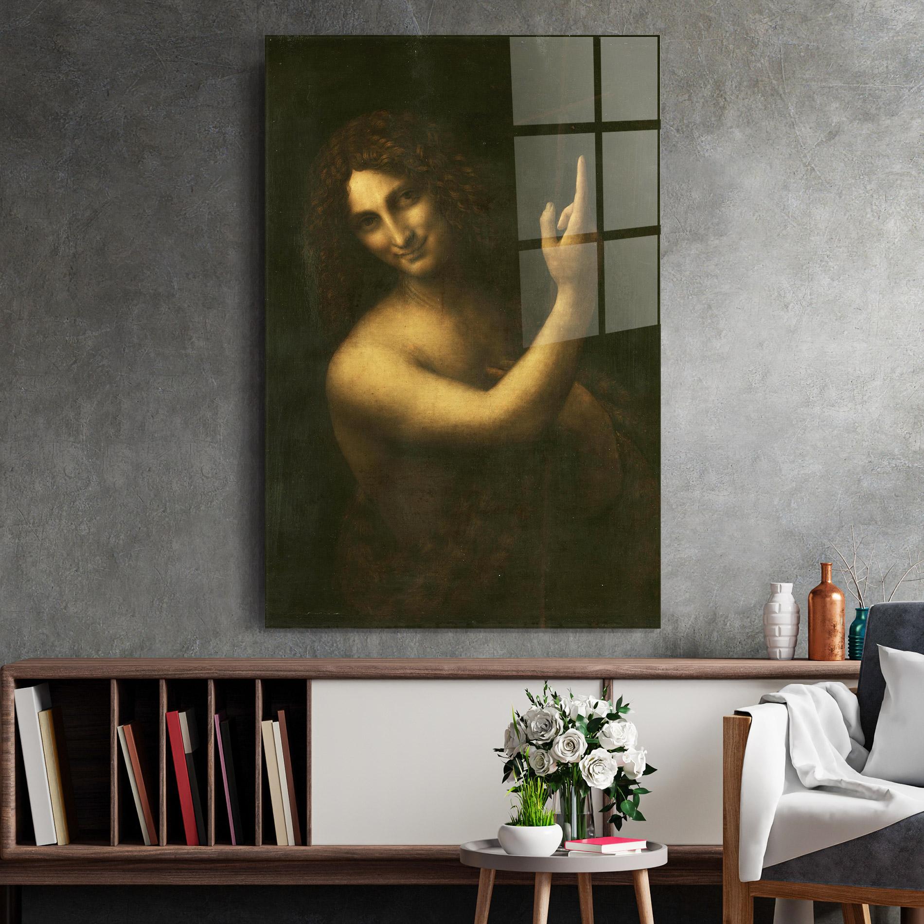 Glasbild Seonardo Da Vinci Saint John The Baptist mockup 2
