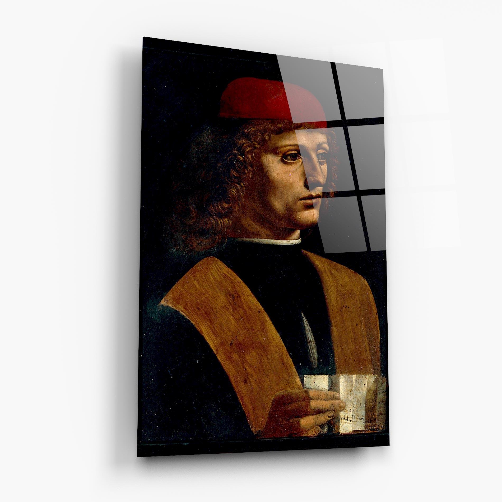 Glasbild Leonardo Da Vinci Portrait Of A Musician Pinacoteca Ambrosiana mockup 6