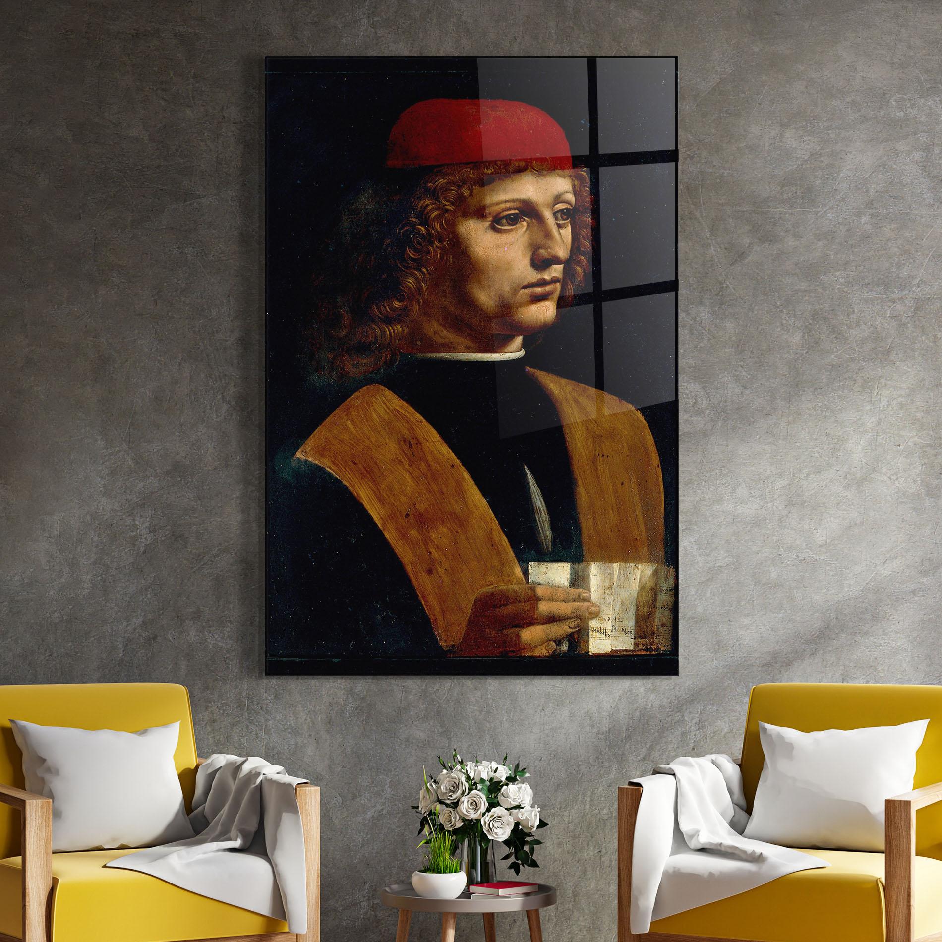 Glasbild Leonardo Da Vinci Portrait Of A Musician Pinacoteca Ambrosiana mockup 4