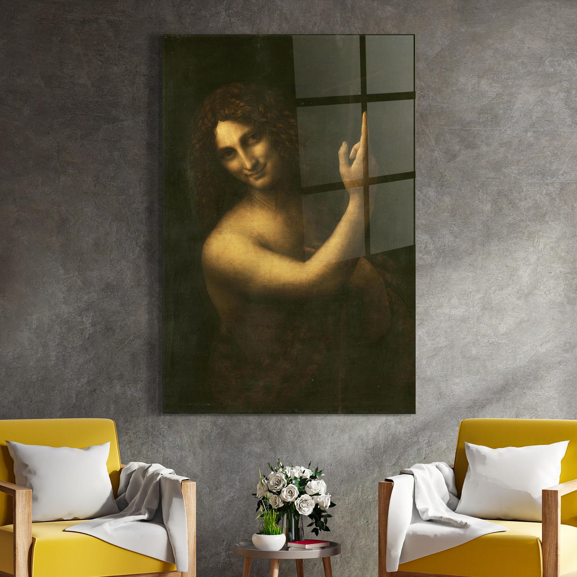 Glasbild Seonardo Da Vinci Saint John The Baptist mockup 4