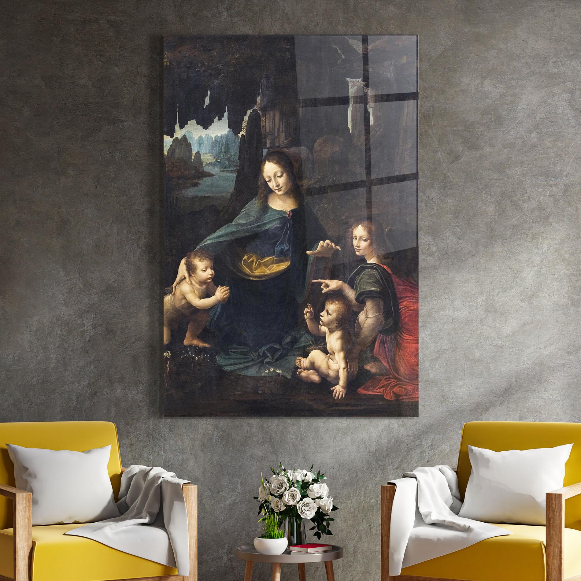 Glasbild The Virgin Of The Rocks Leonardo Da Vinci mockup 4