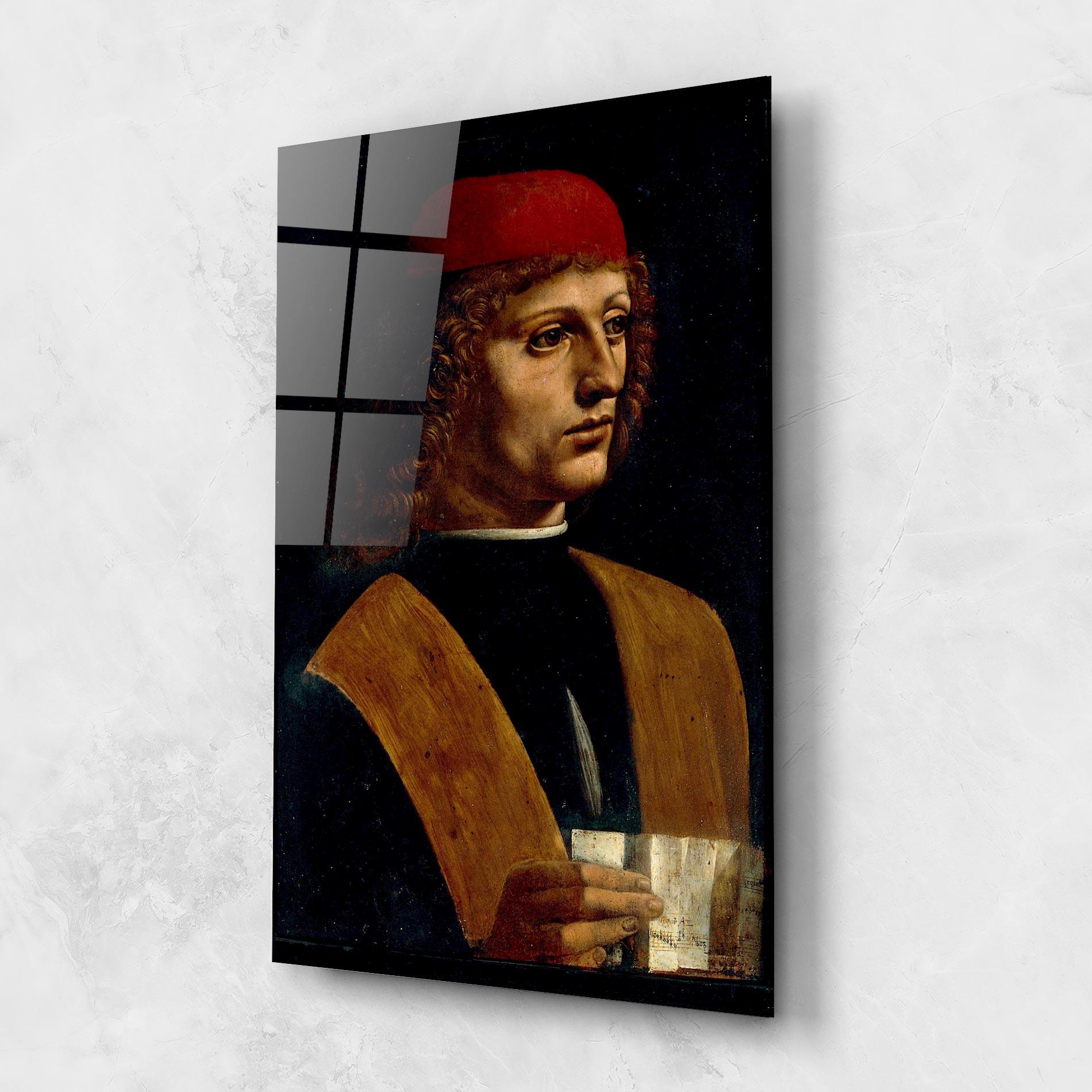 Glasbild Leonardo Da Vinci Portrait Of A Musician Pinacoteca Ambrosiana mockup 1