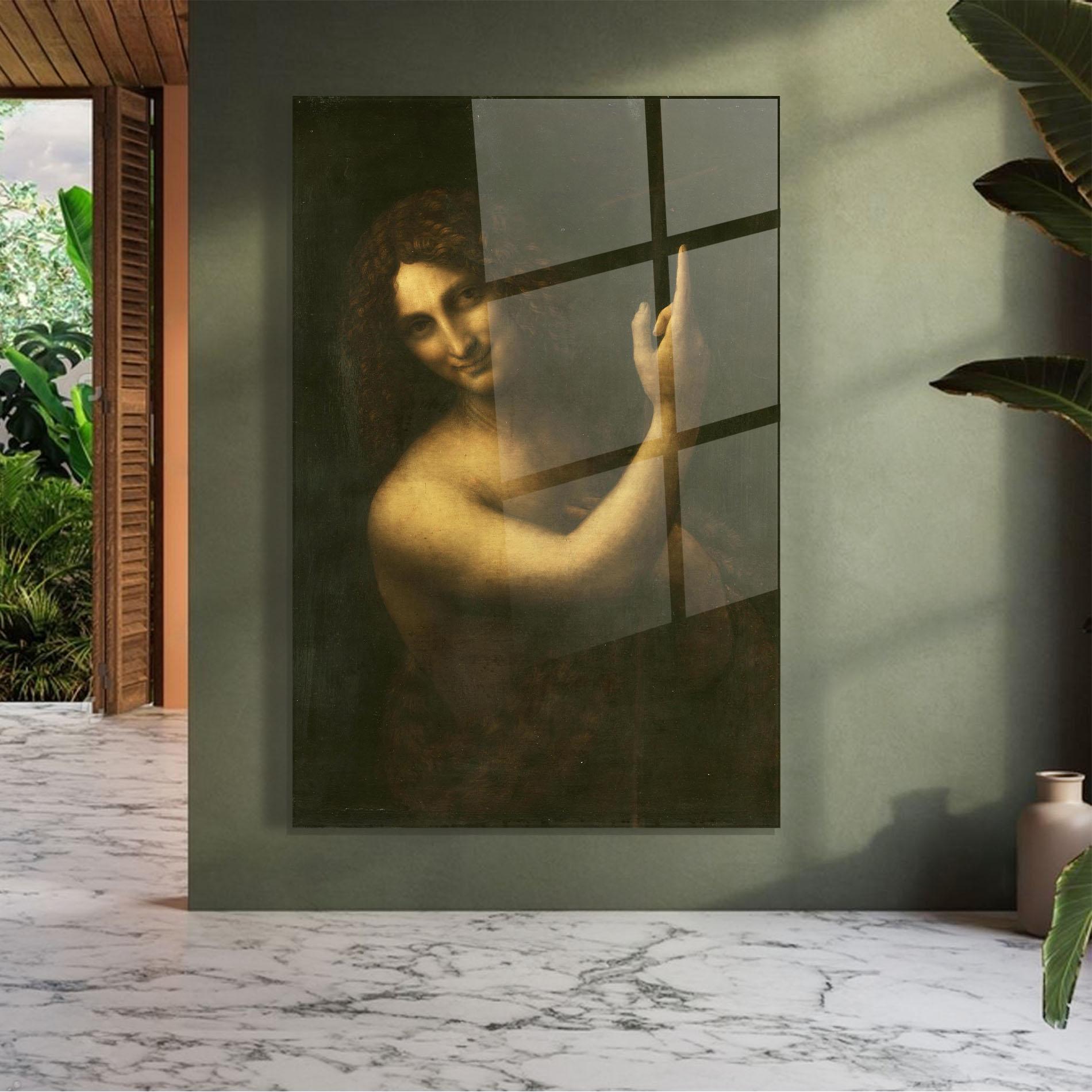 Glasbild Seonardo Da Vinci Saint John The Baptist mockup 7