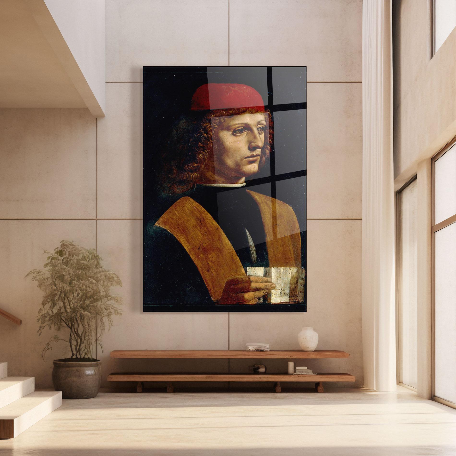 Glasbild Leonardo Da Vinci Portrait Of A Musician Pinacoteca Ambrosiana mockup 8