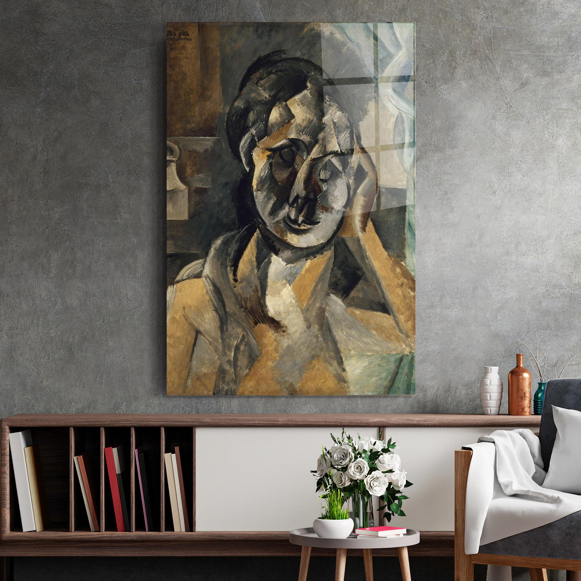 Glasbild Woman With Mustard mockup 2