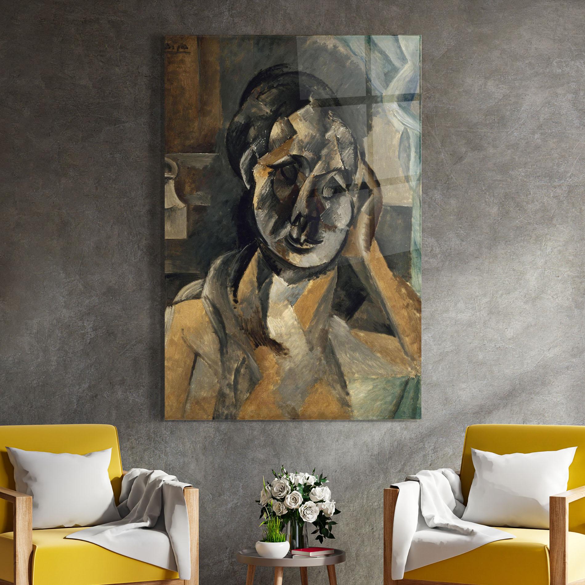 Glasbild Woman With Mustard mockup 4