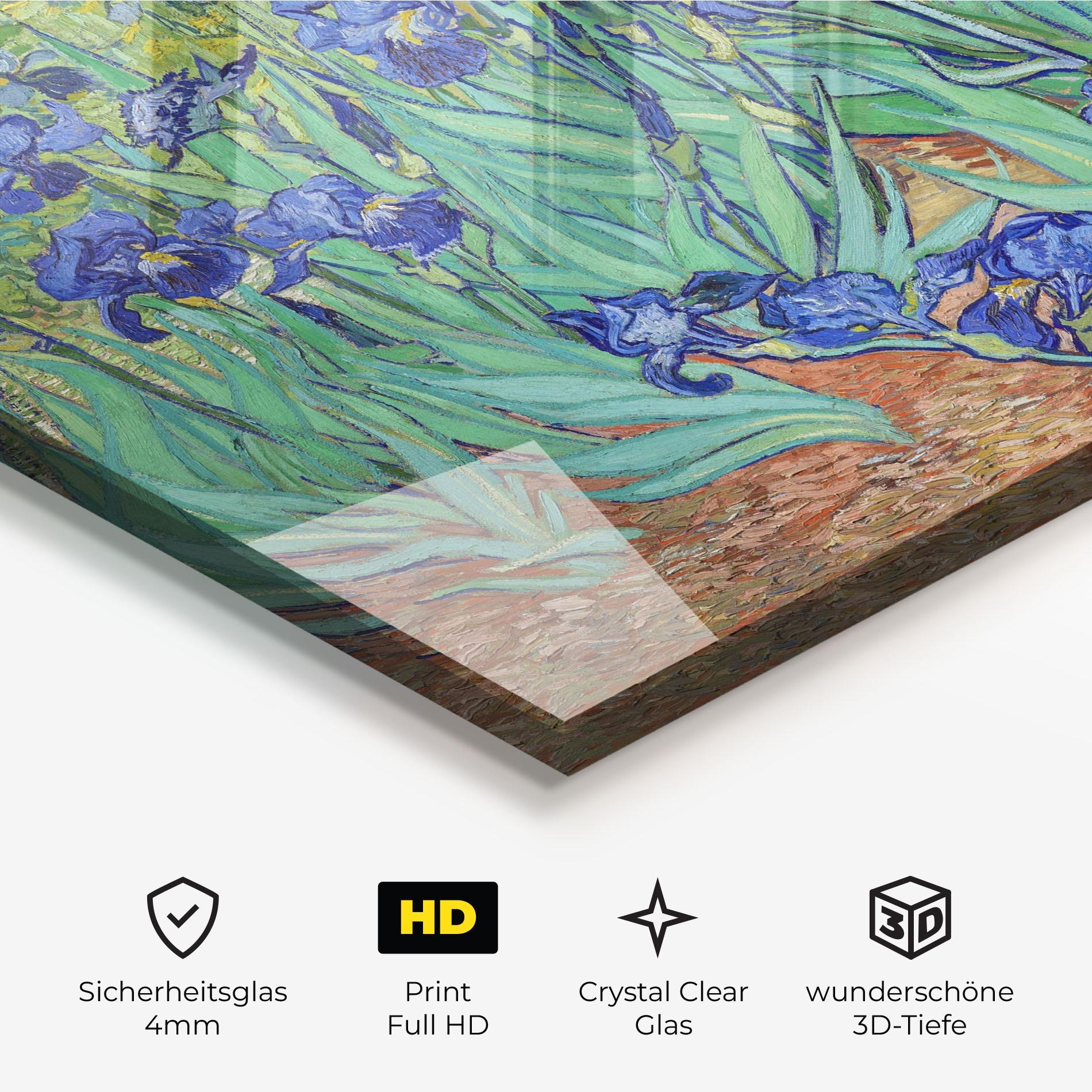 Glasbild Irises Van Gogh mockup 3