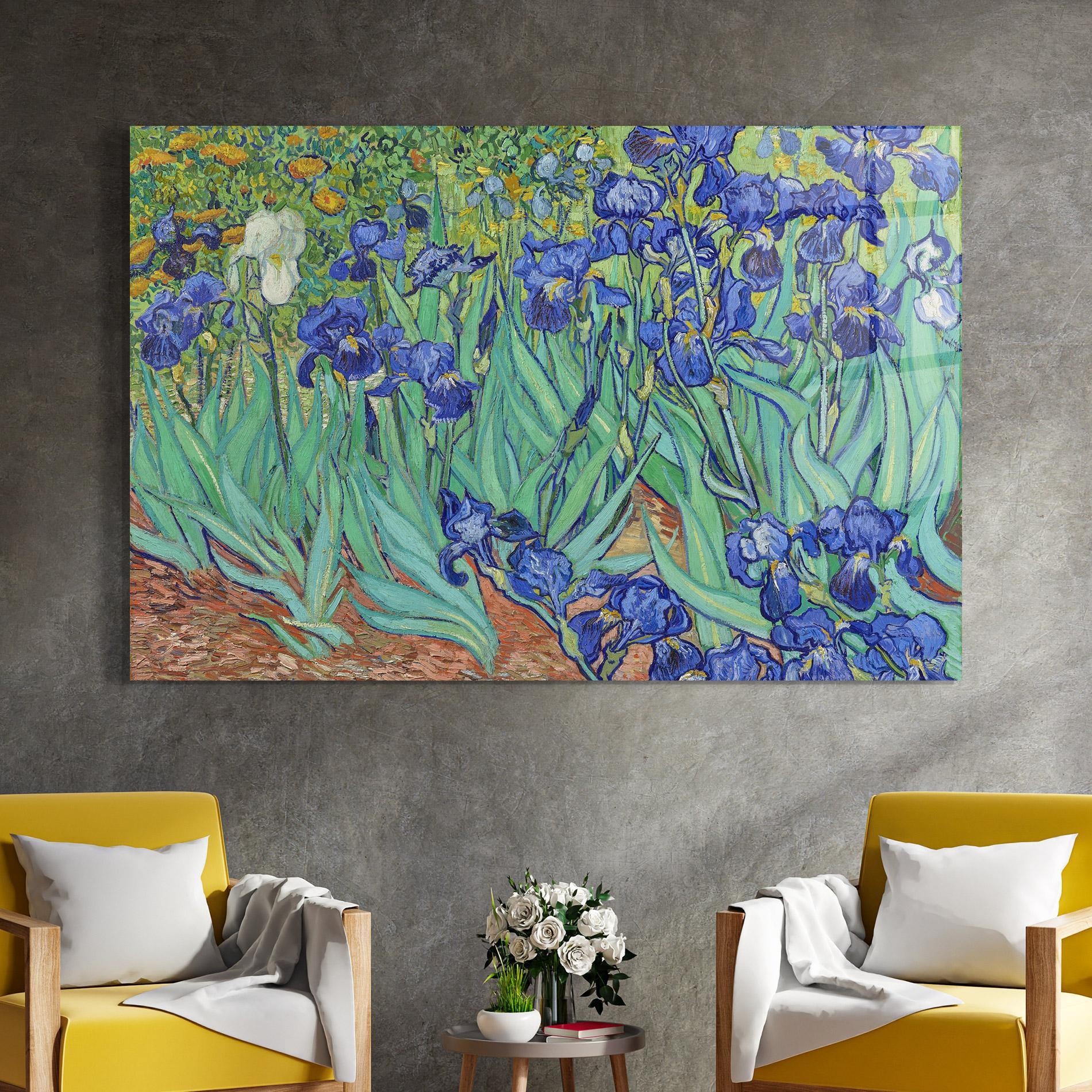 Glasbild Irises Van Gogh mockup 4
