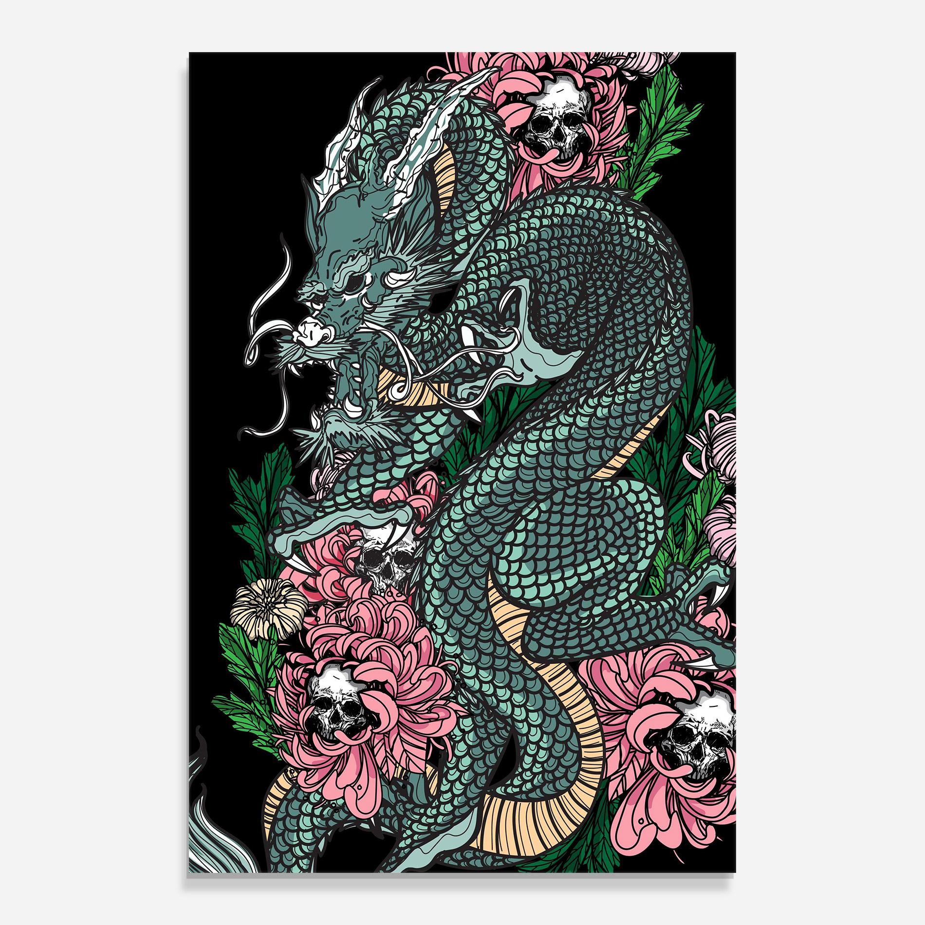 Glasbild Flower Skull Dragon mockup 0