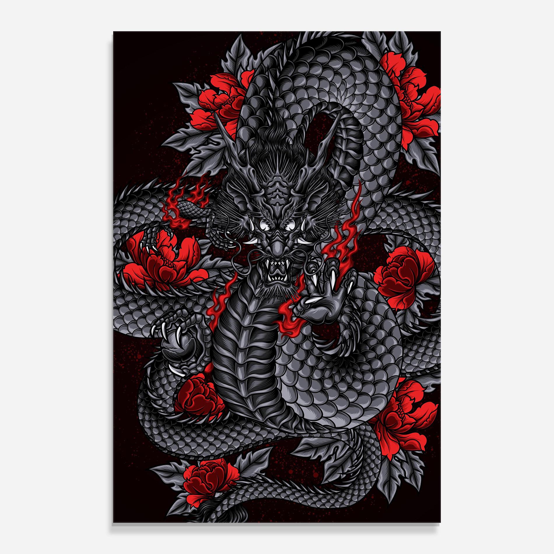 Glasbild Red Flower Dragon mockup 0
