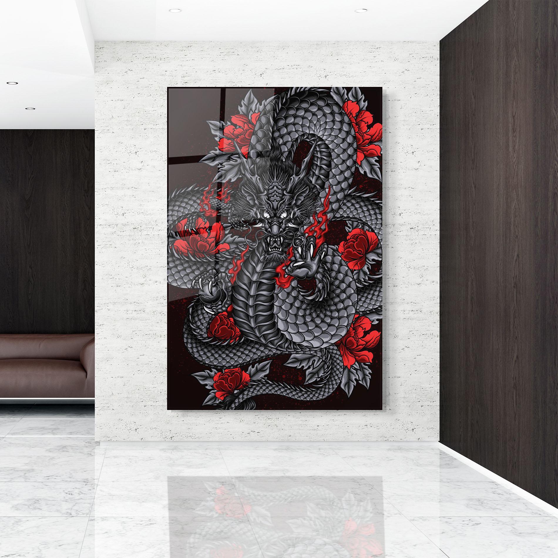Glasbild Red Flower Dragon mockup 9