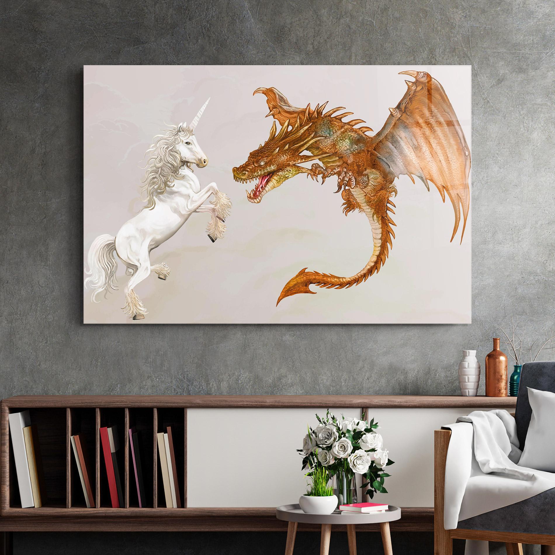 Glasbild Unicorn And Dragon mockup 2