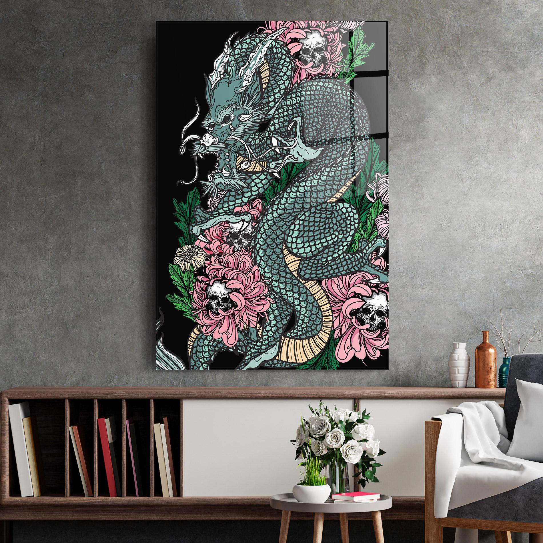 Glasbild Flower Skull Dragon mockup 2