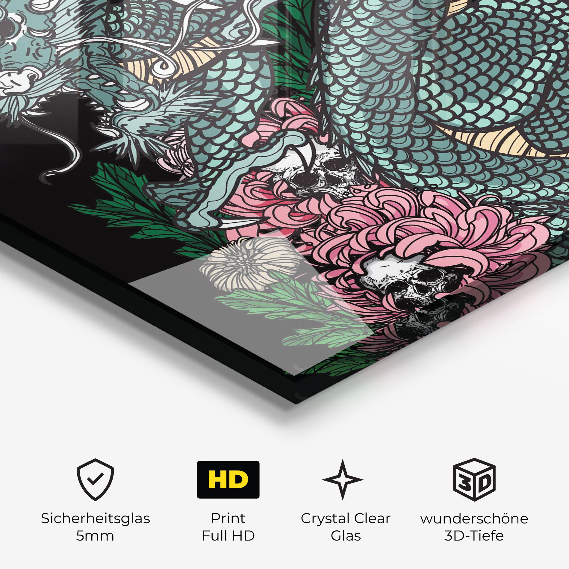 Glasbild Flower Skull Dragon mockup 3