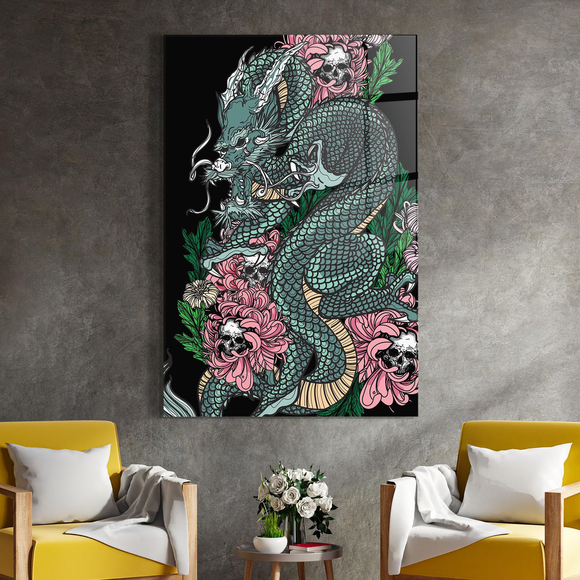 Glasbild Flower Skull Dragon mockup 4