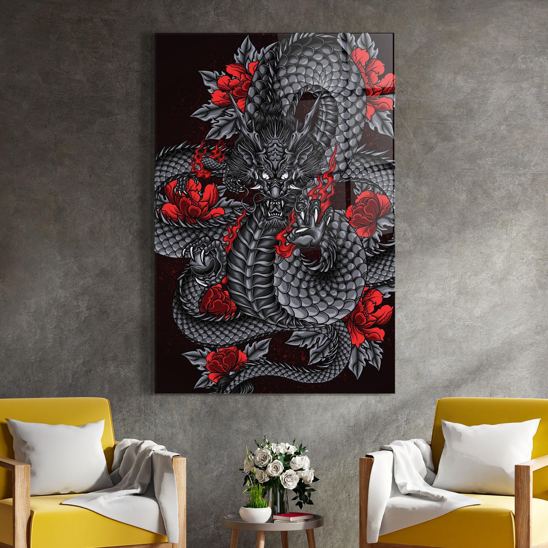Glasbild Red Flower Dragon mockup 4