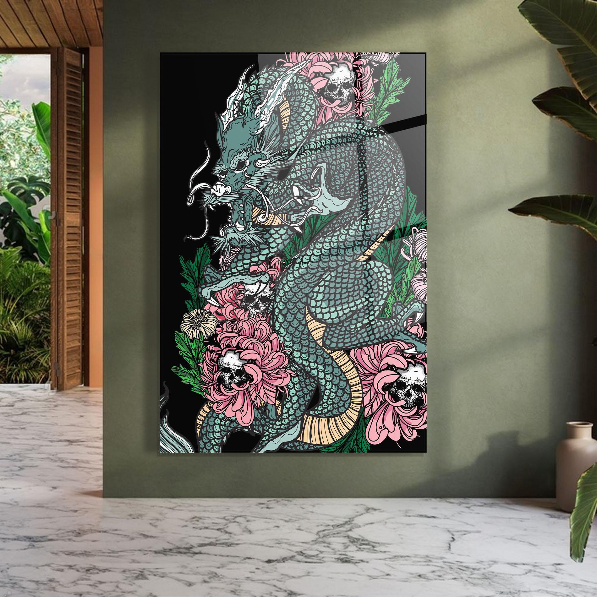 Glasbild Flower Skull Dragon mockup 7