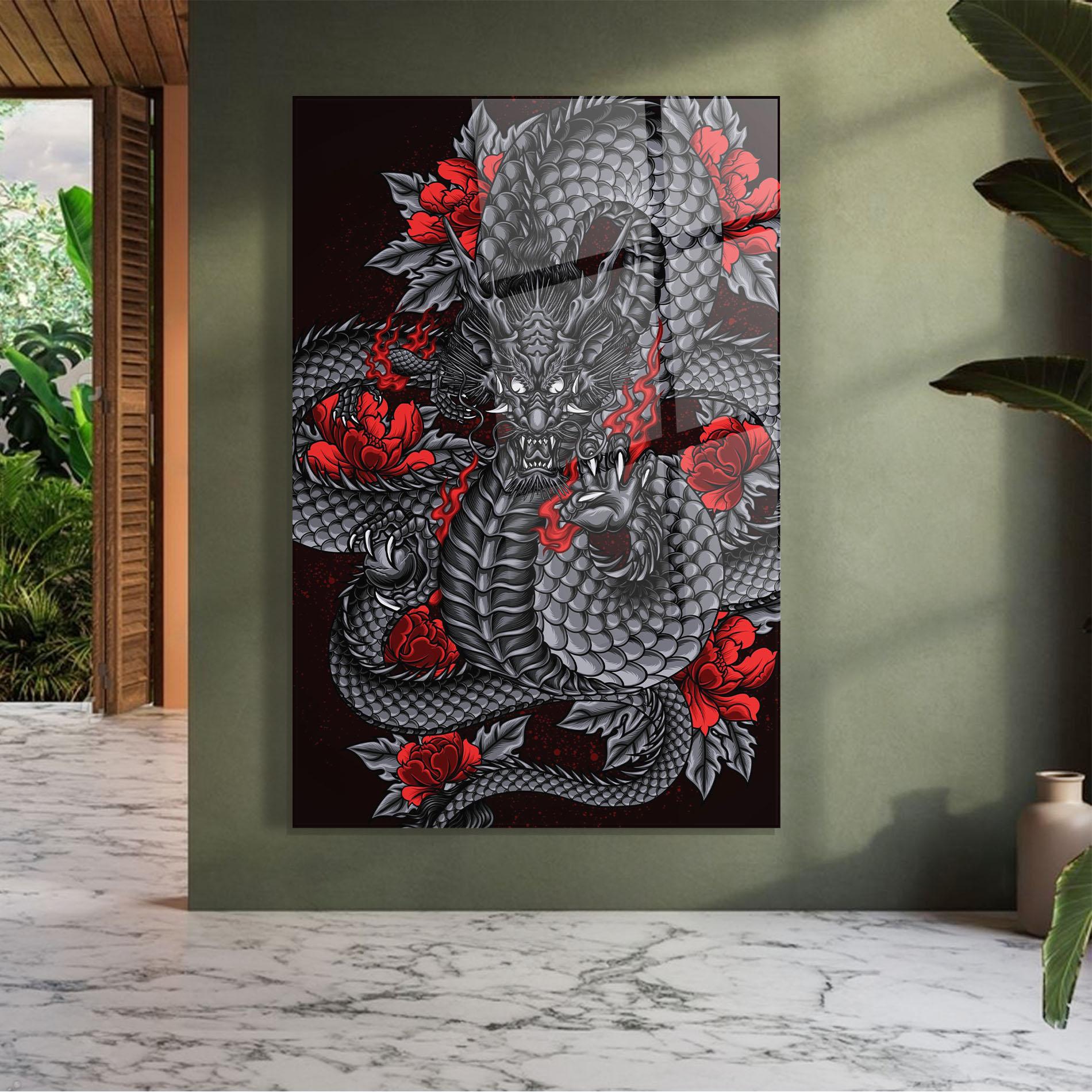 Glasbild Red Flower Dragon mockup 7