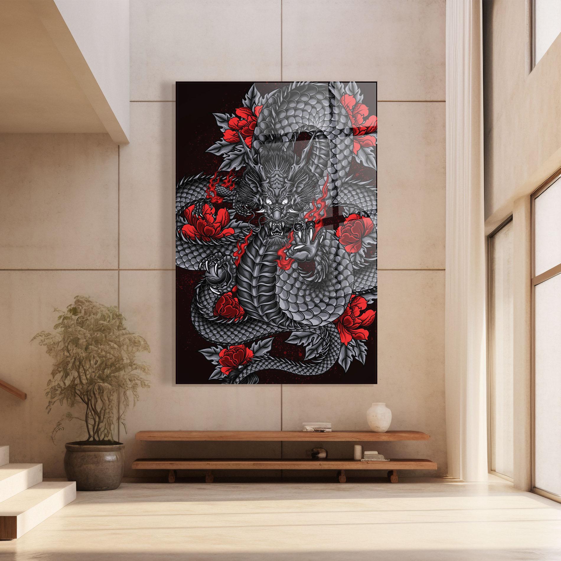 Glasbild Red Flower Dragon mockup 8