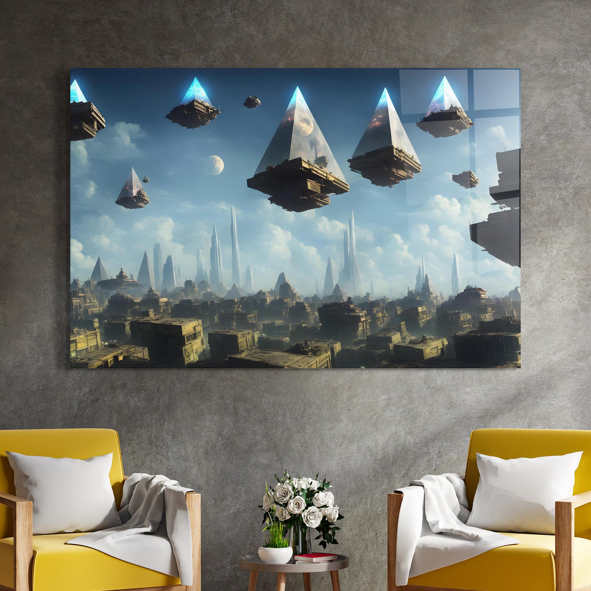 Glasbild Flying Piramids mockup 4