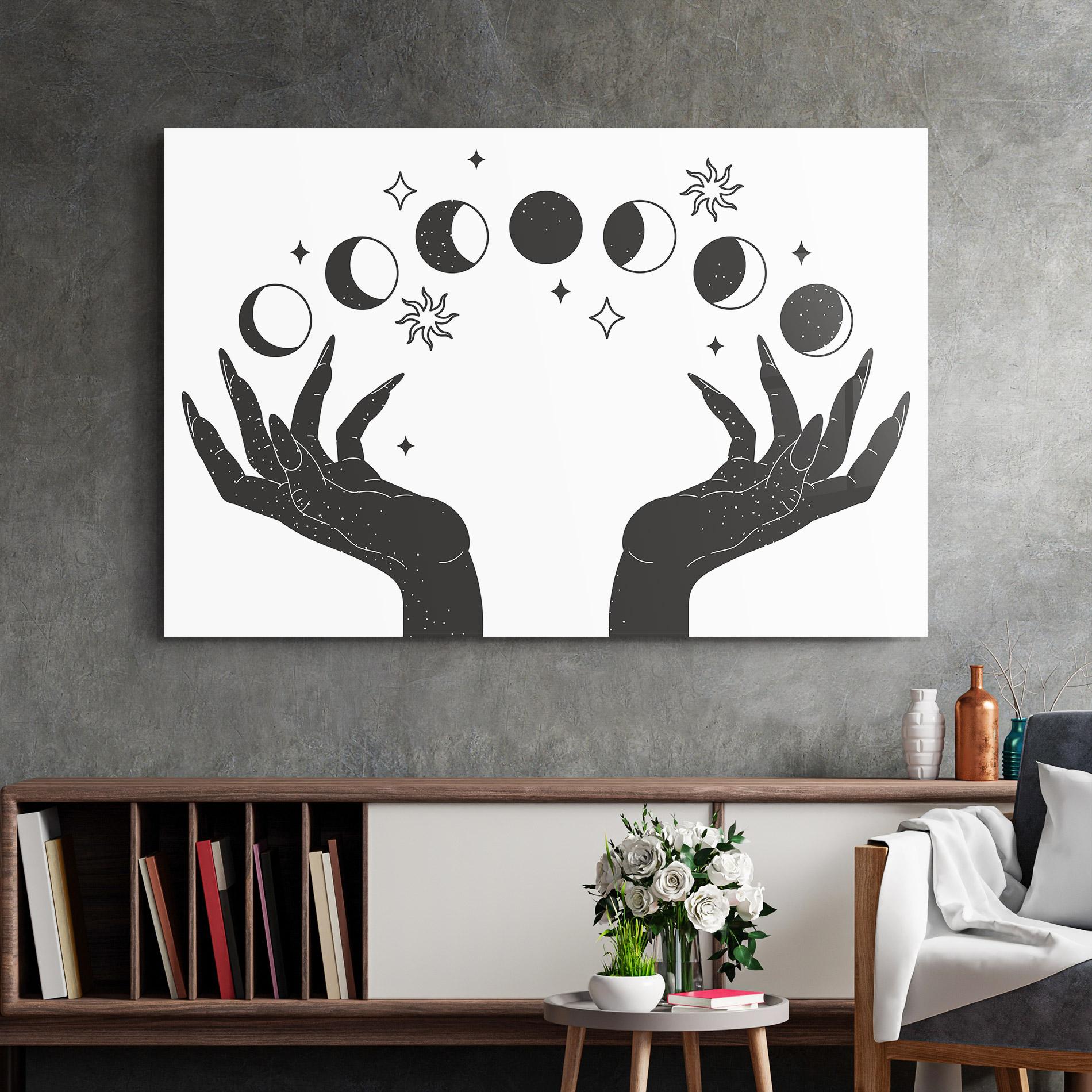 Glasbild Magic Moon Hands mockup 2