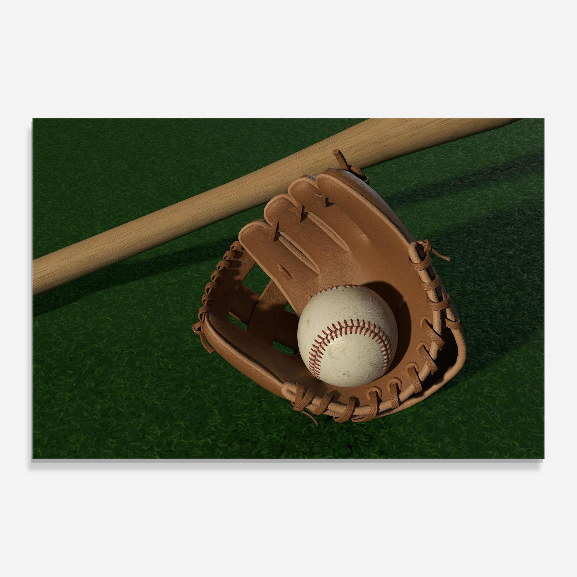 Glasbild Baseball Glove On Green mockup 0