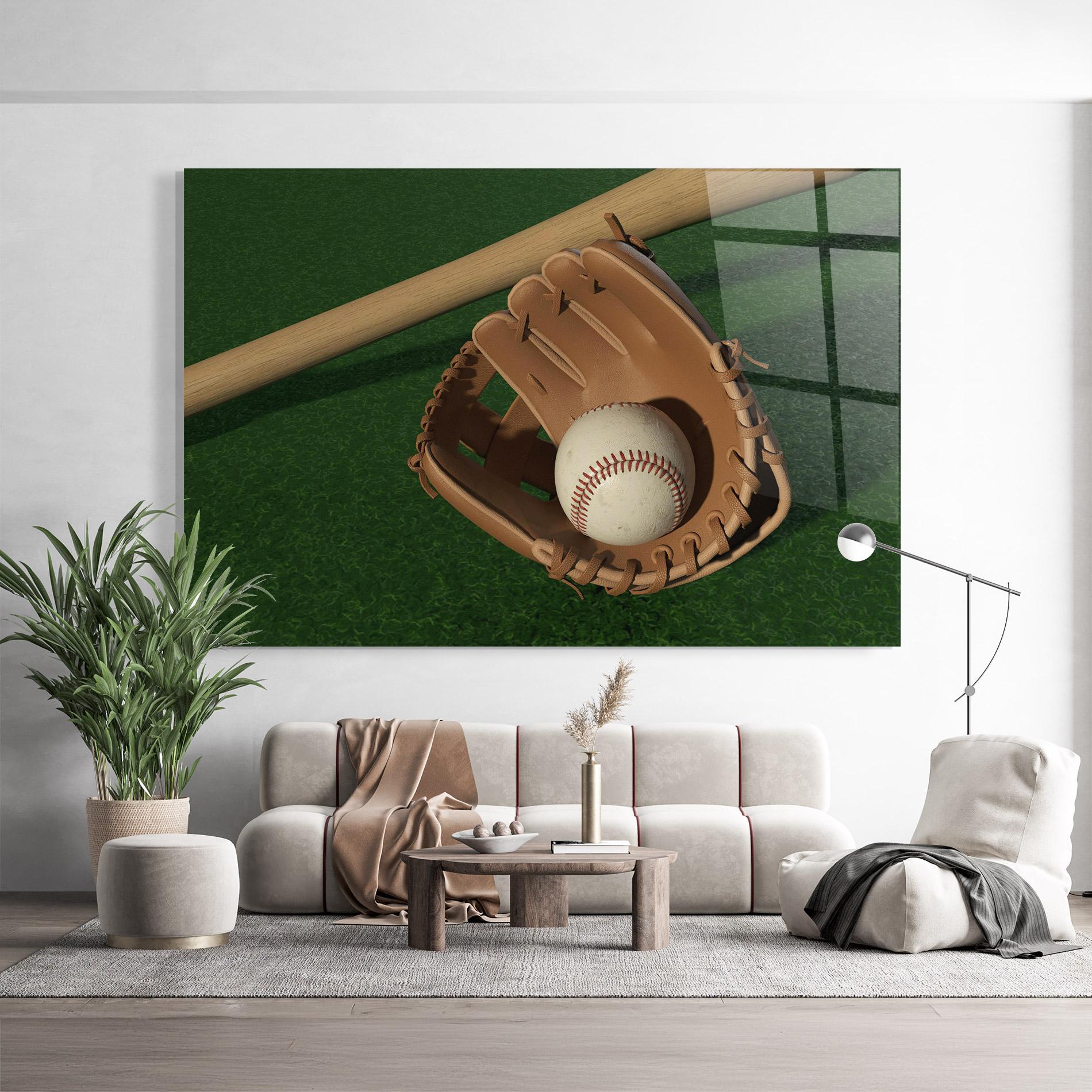 Glasbild Baseball Glove On Green mockup 9