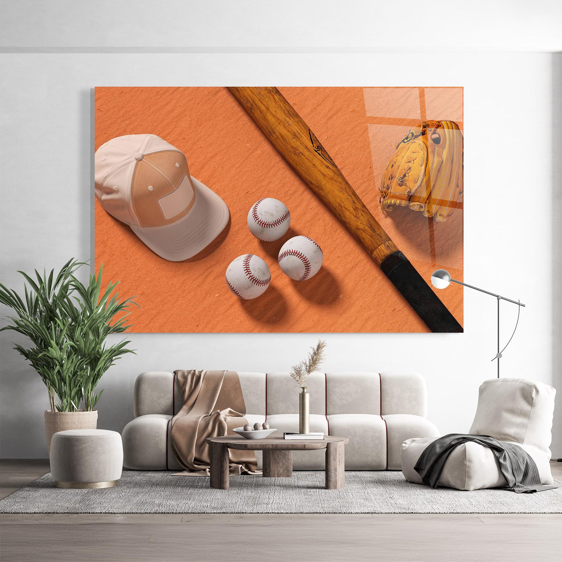 Glasbild Baseball Set On Orange mockup 9