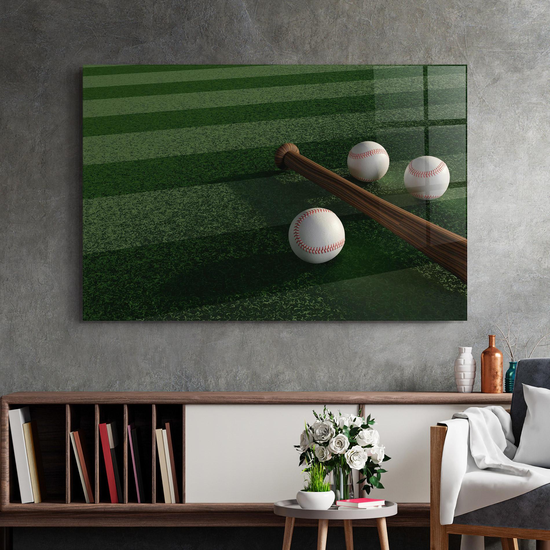 Glasbild Baseball Balls On Grass mockup 2