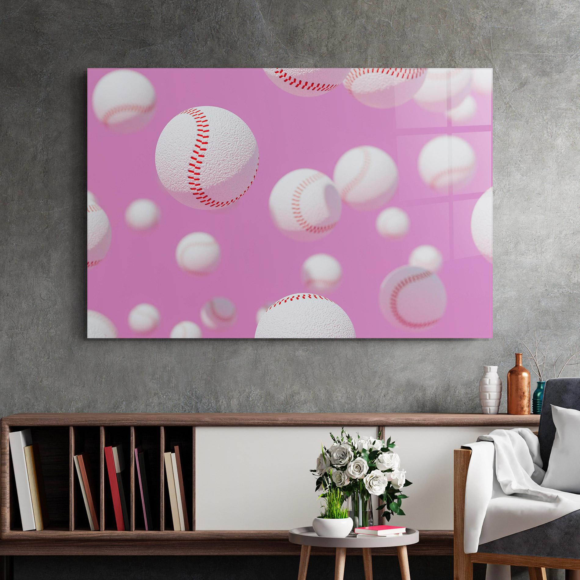 Glasbild Baseball Balls On Pink mockup 2