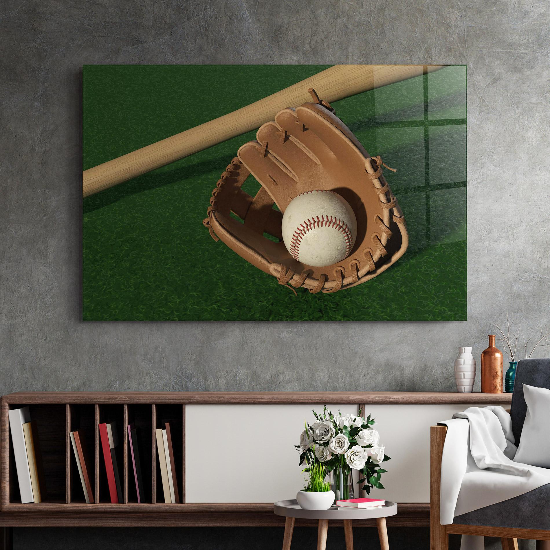 Glasbild Baseball Glove On Green mockup 2