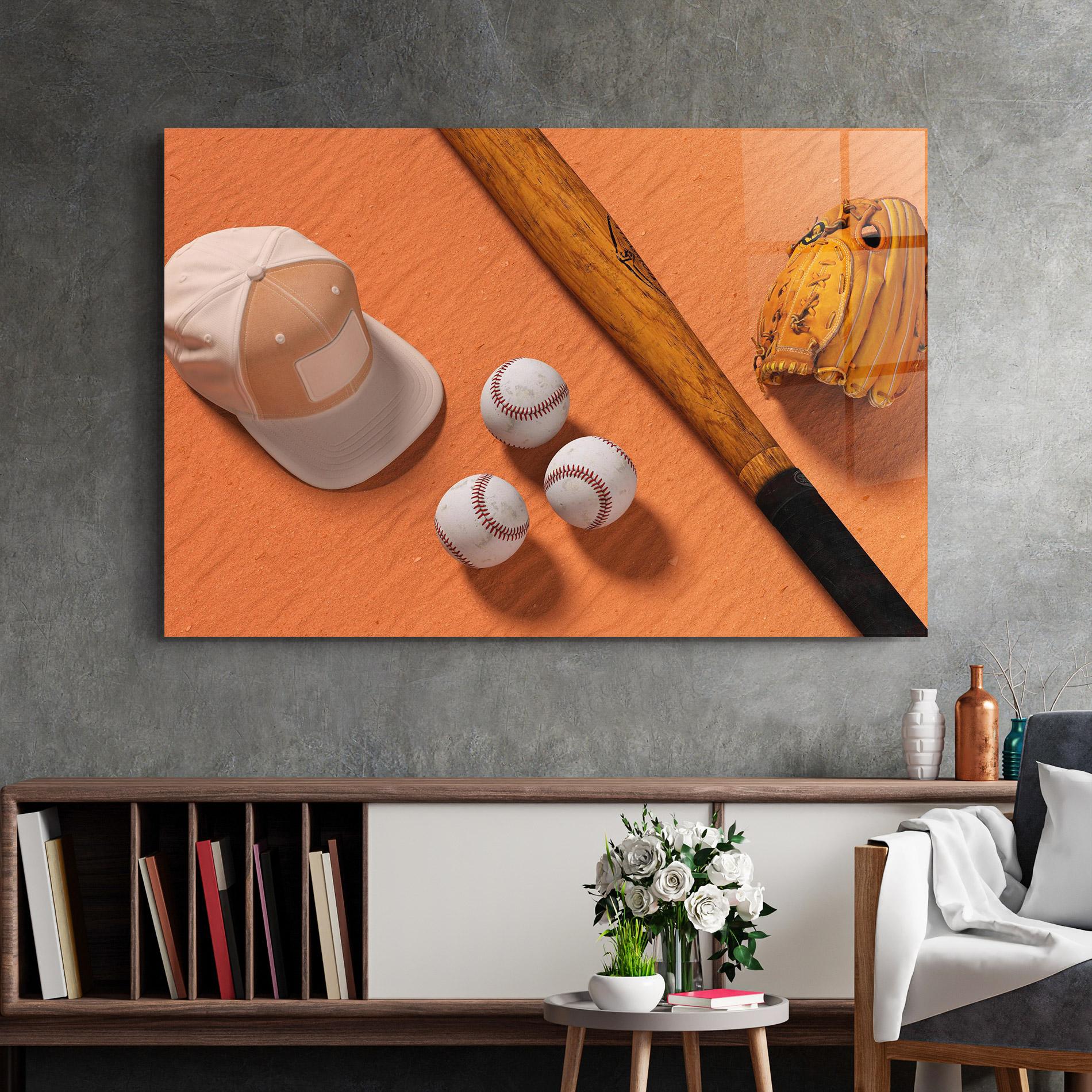 Glasbild Baseball Set On Orange mockup 2