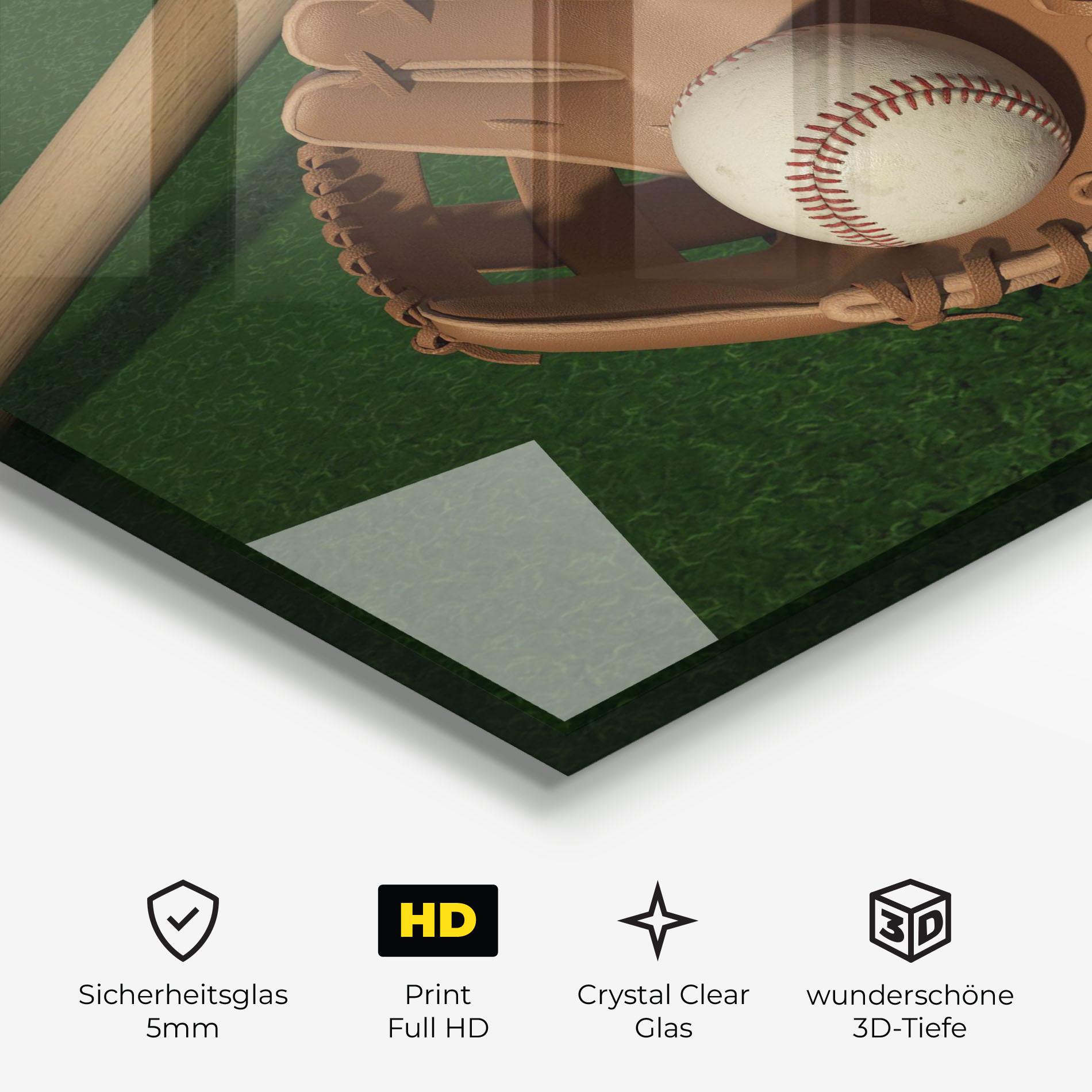 Glasbild Baseball Glove On Green mockup 3