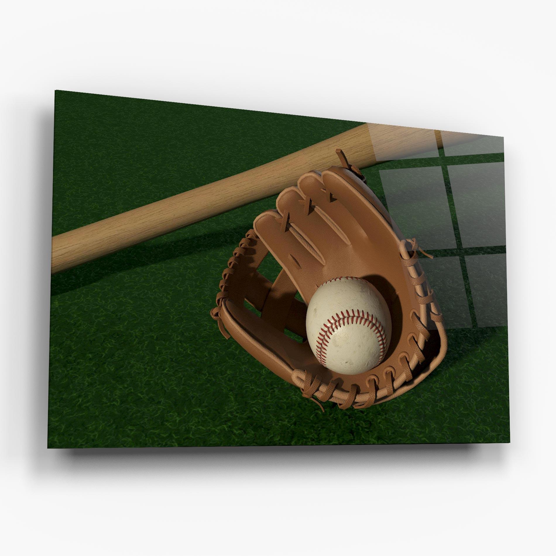 Glasbild Baseball Glove On Green mockup 6