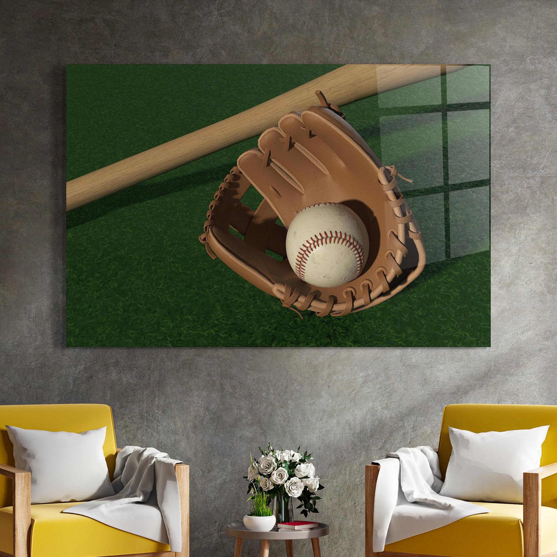 Glasbild Baseball Glove On Green mockup 4