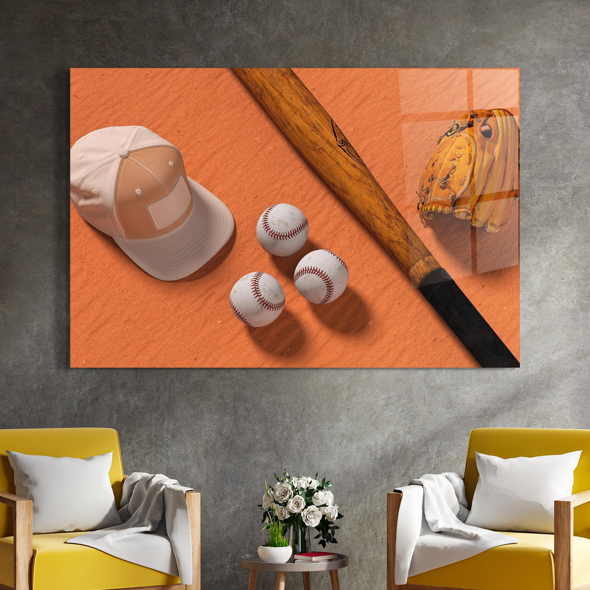 Glasbild Baseball Set On Orange mockup 4