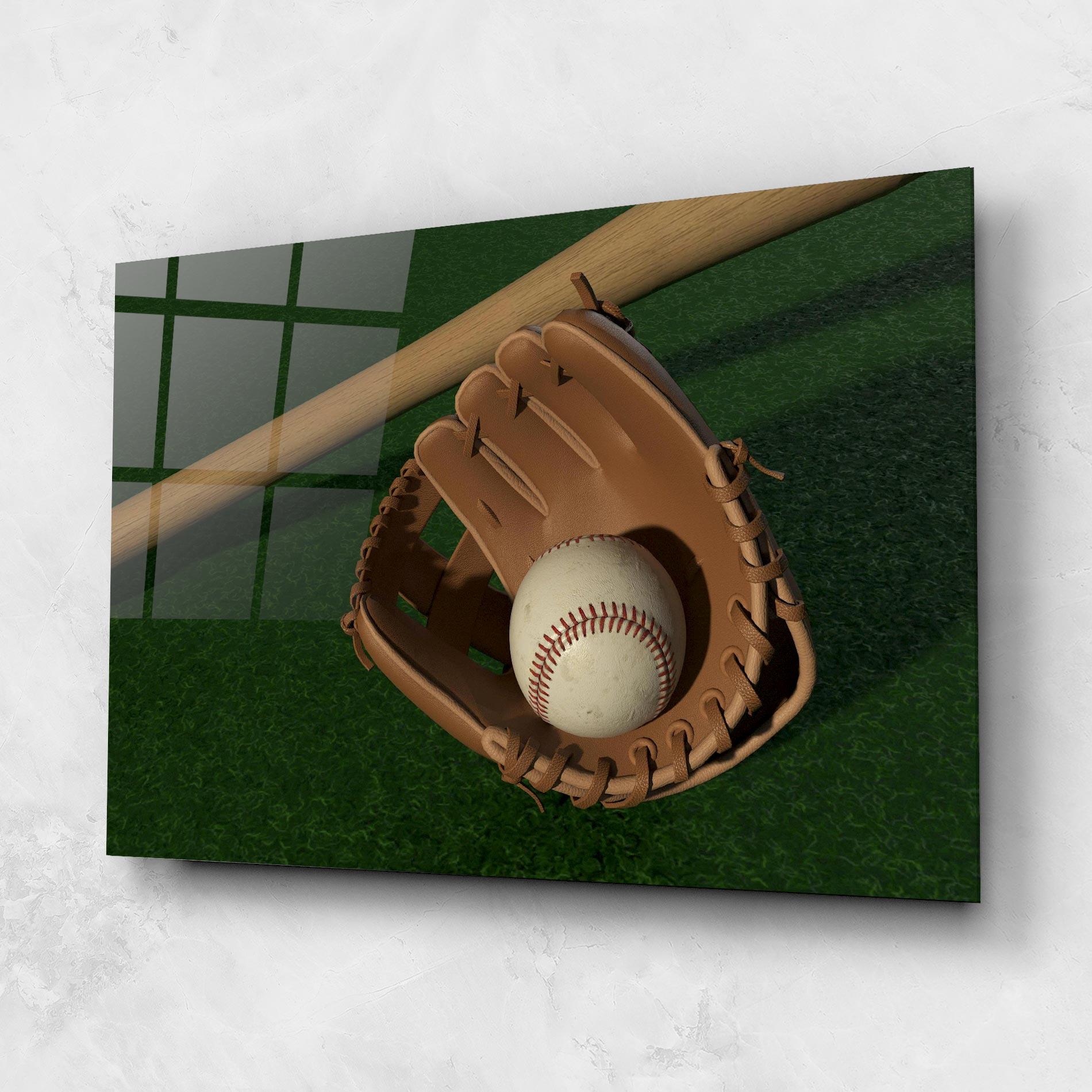 Glasbild Baseball Glove On Green mockup 1