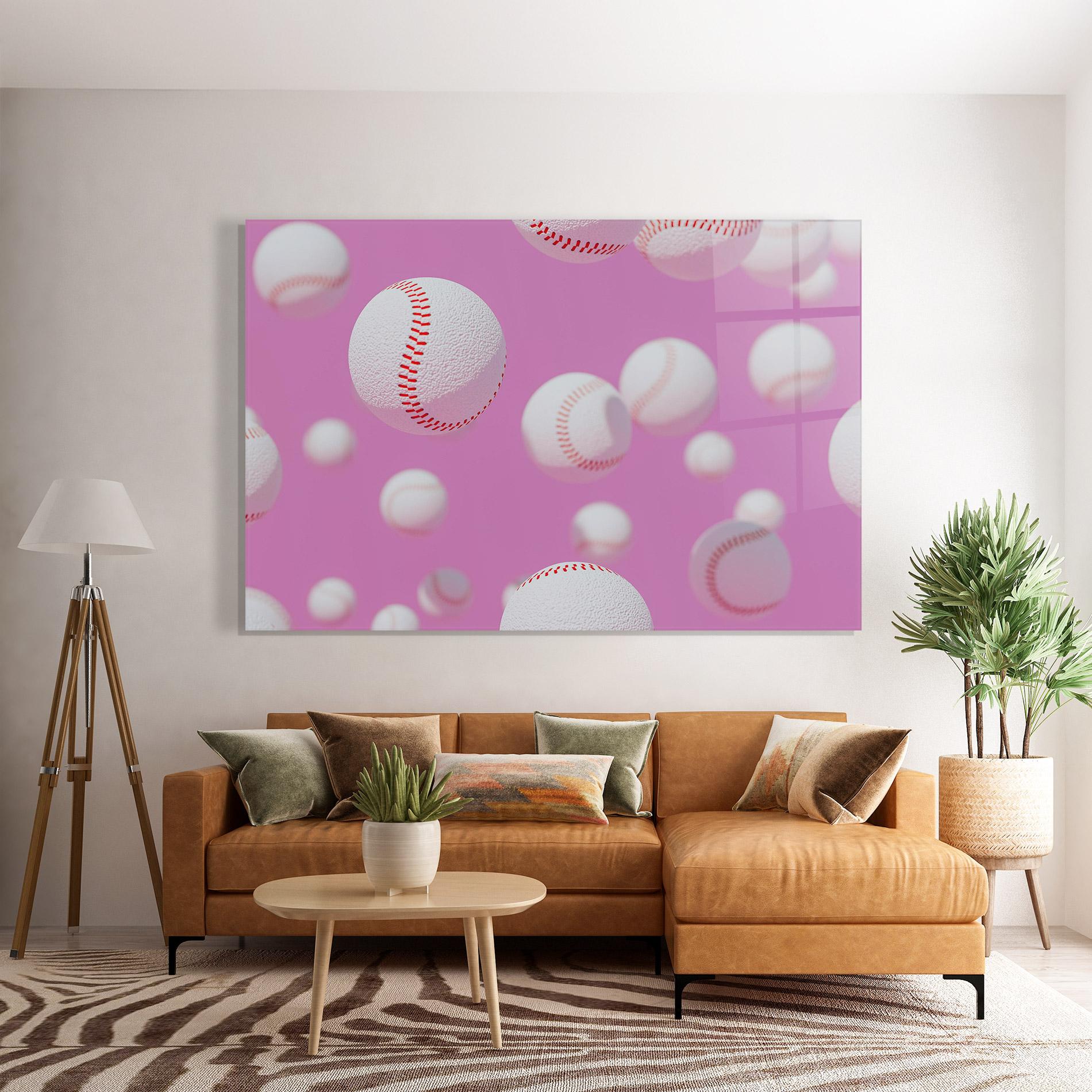 Glasbild Baseball Balls On Pink mockup 7