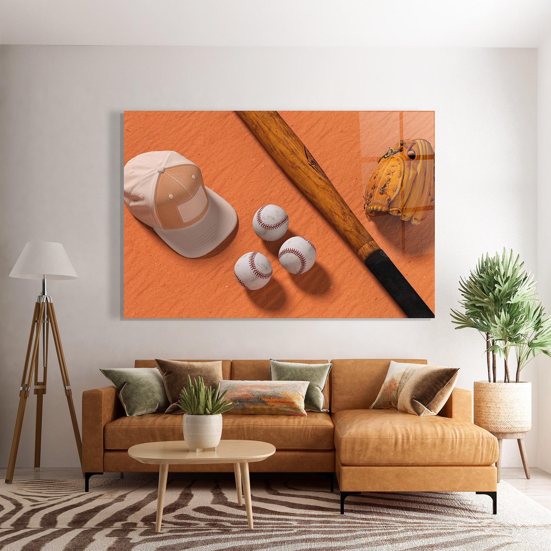 Glasbild Baseball Set On Orange mockup 7