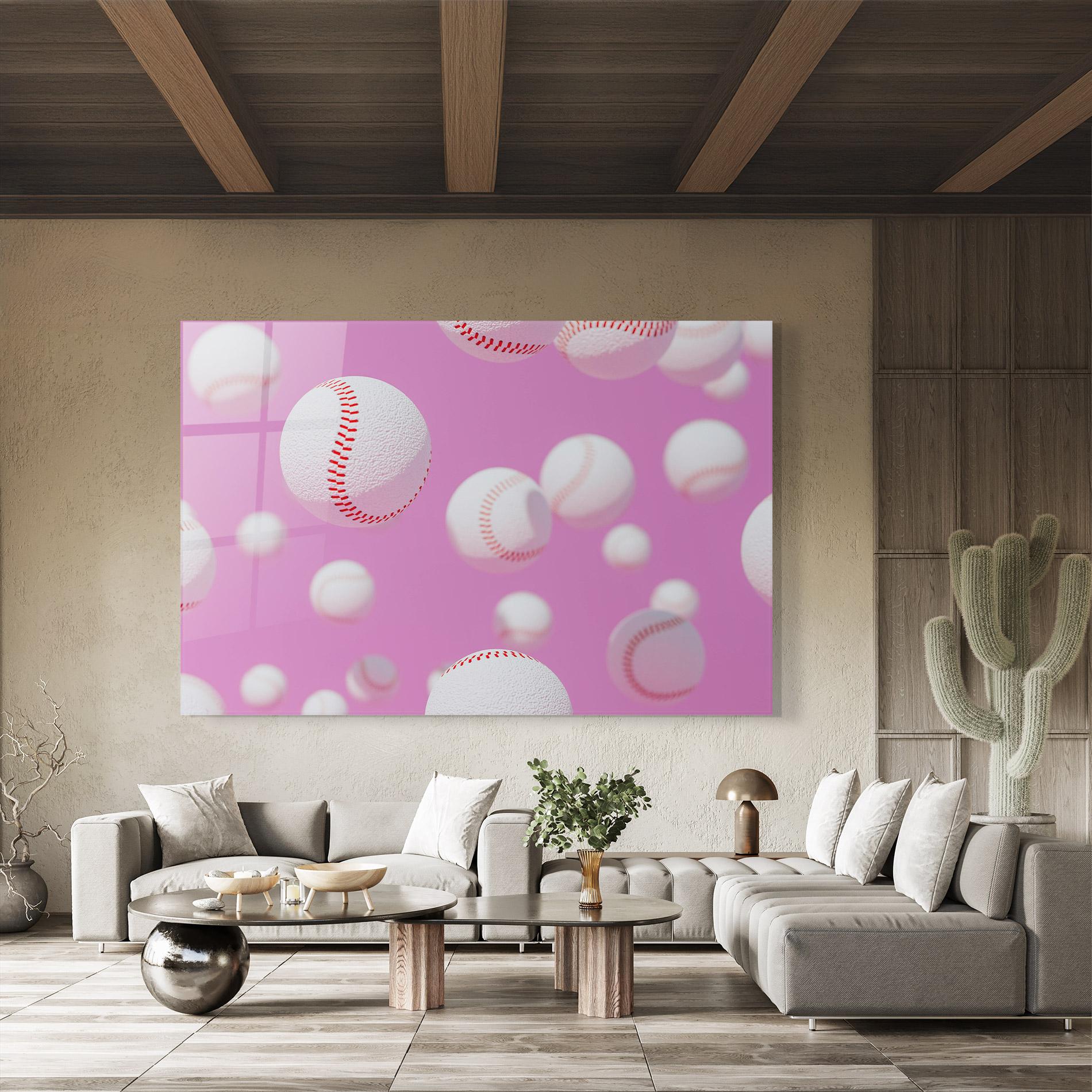 Glasbild Baseball Balls On Pink mockup 8