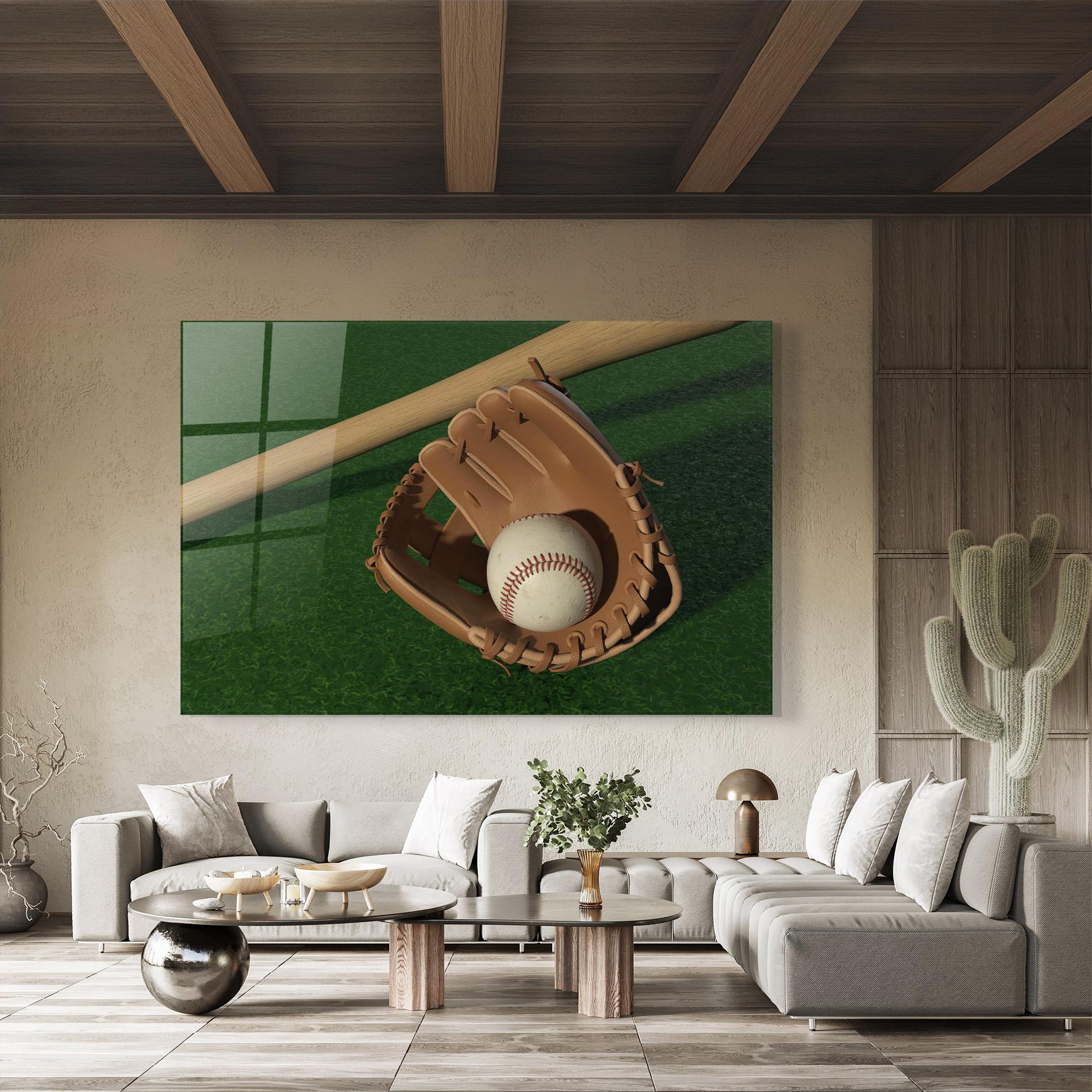 Glasbild Baseball Glove On Green mockup 8